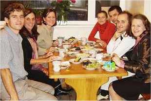 Vitaliy Sokol, Tierney Dovan, Anne Sokol, Oksana and Vitaliy, Dima and Nadya having dinner after one conference session.